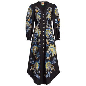 Farm Rio Womens Scalloped Floral-Print Midi Dress XXS Stitched Garden Black